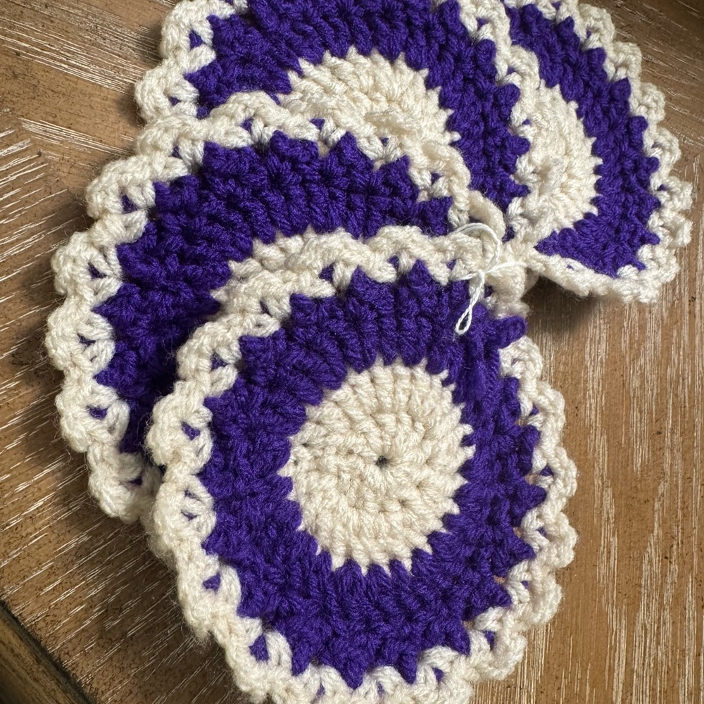 Handmade Purple and Cream Crochet Coasters